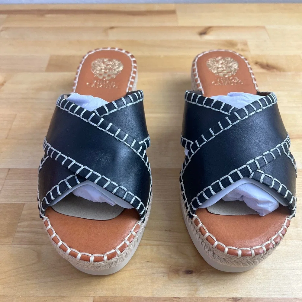 Vince‎ Camuto Belisnda Black Leather Espadrille Platform Slide Sandals Size 7 W